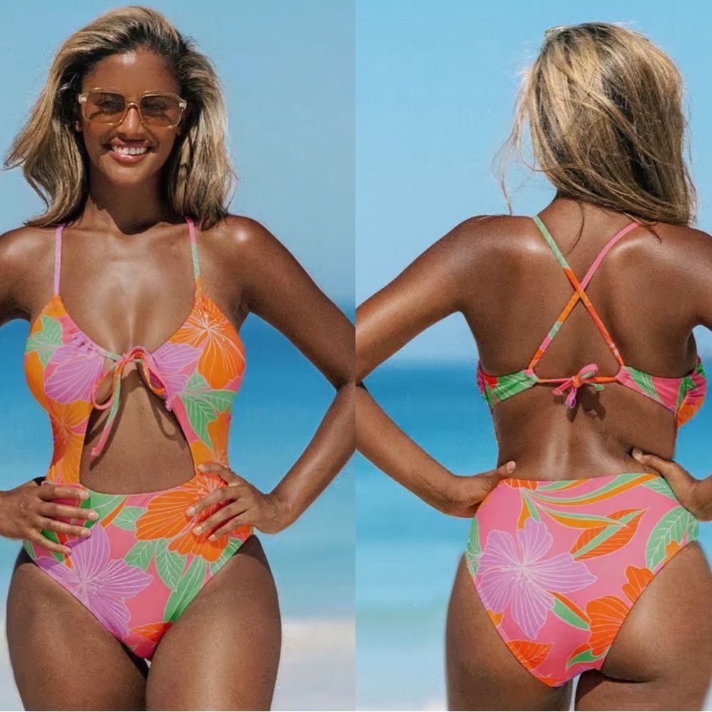 NWT Tropical Floral Impressions Cutout One Piece Swimsuit Hot Neon Pink Size S